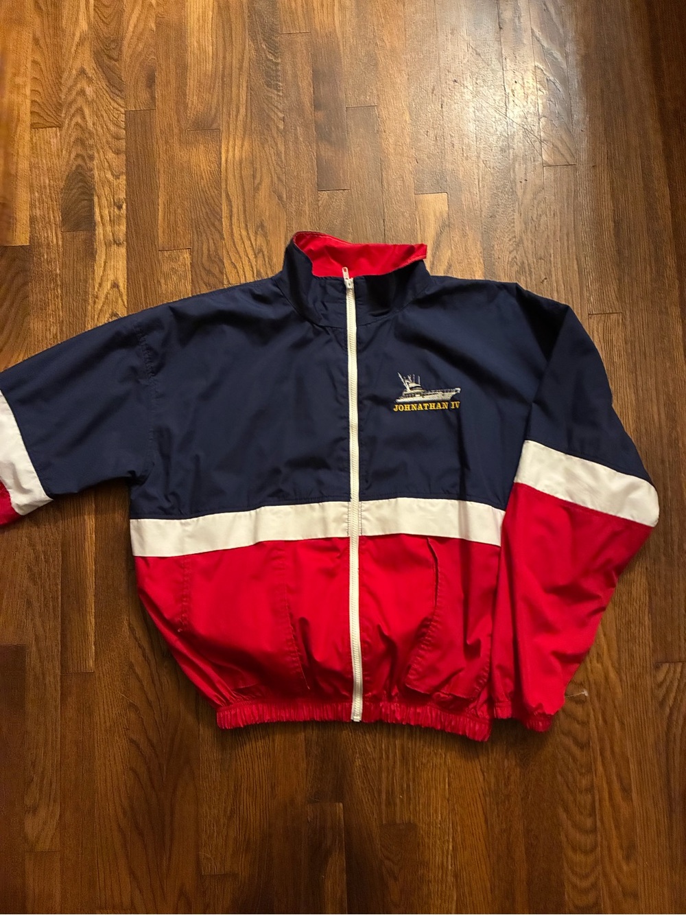 Navy & Red Colorblock Zip Front Jacket with White Stripe